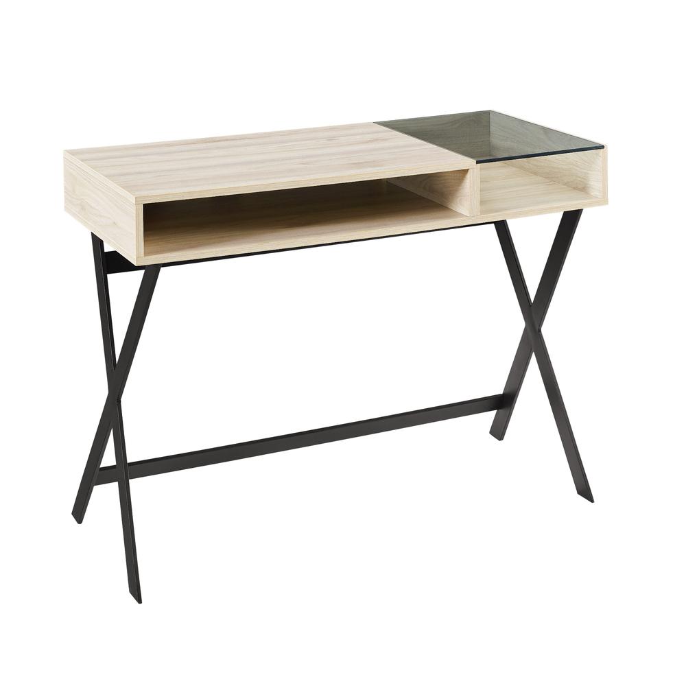 Contemporary Metal-X Leg Glass-Top Computer Desk with Cubby – Birch. Picture 4