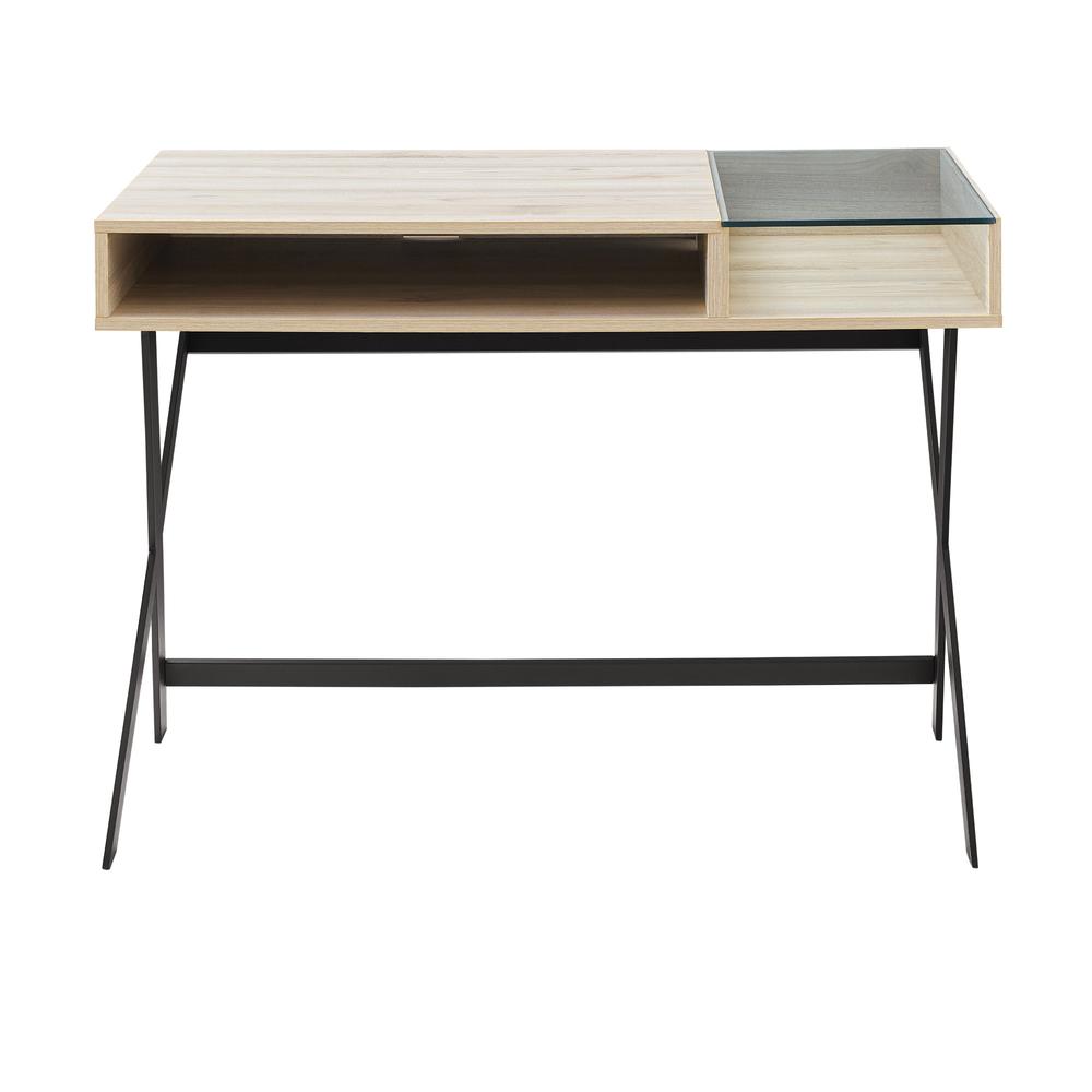 Contemporary Metal-X Leg Glass-Top Computer Desk with Cubby – Birch. Picture 5