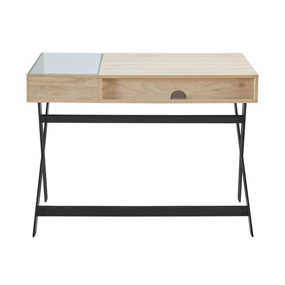 Contemporary Metal-X Leg Glass-Top Computer Desk with Cubby – Birch. Picture 7