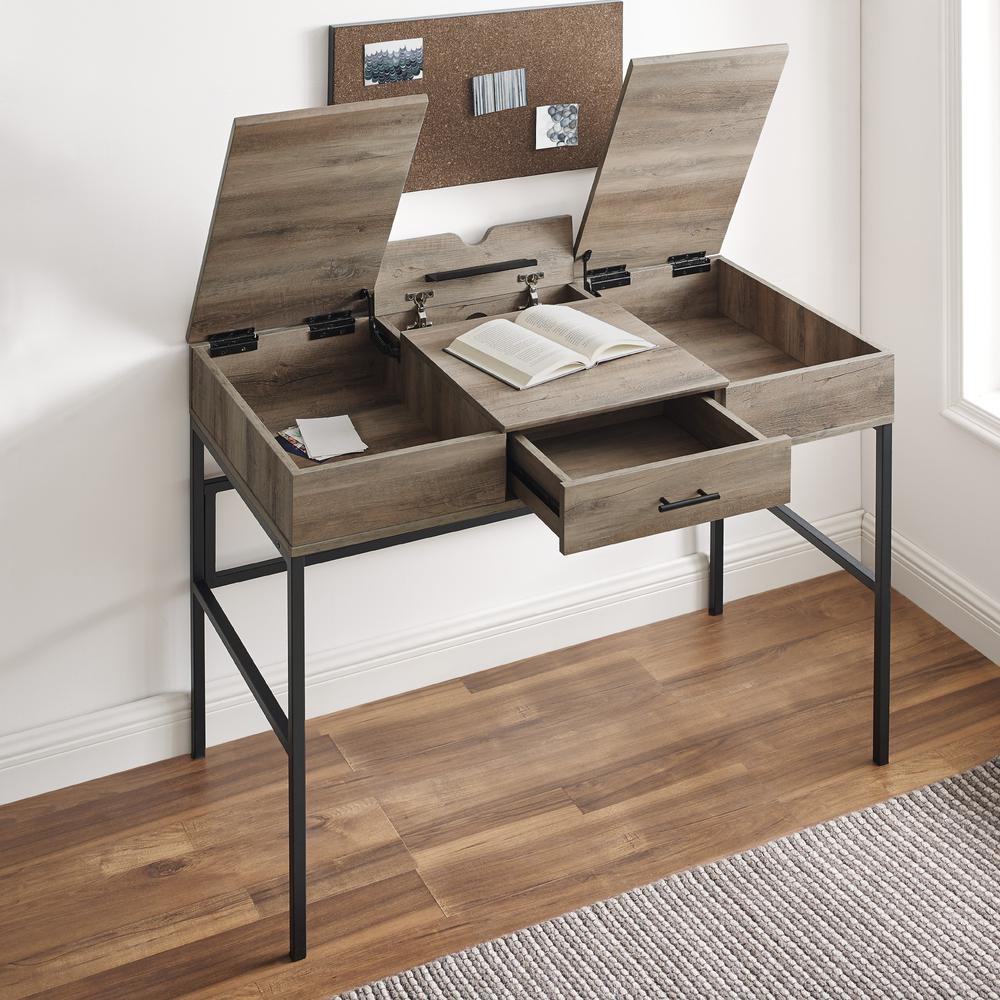 Contemporary Lift-Top 1-Drawer Computer Desk with Tablet Holder – Grey Wash. Picture 8