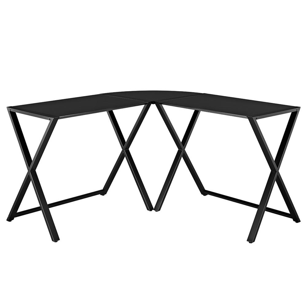 X-frame Glass & Metal L-Shaped Computer Desk - Black/Black. Picture 1