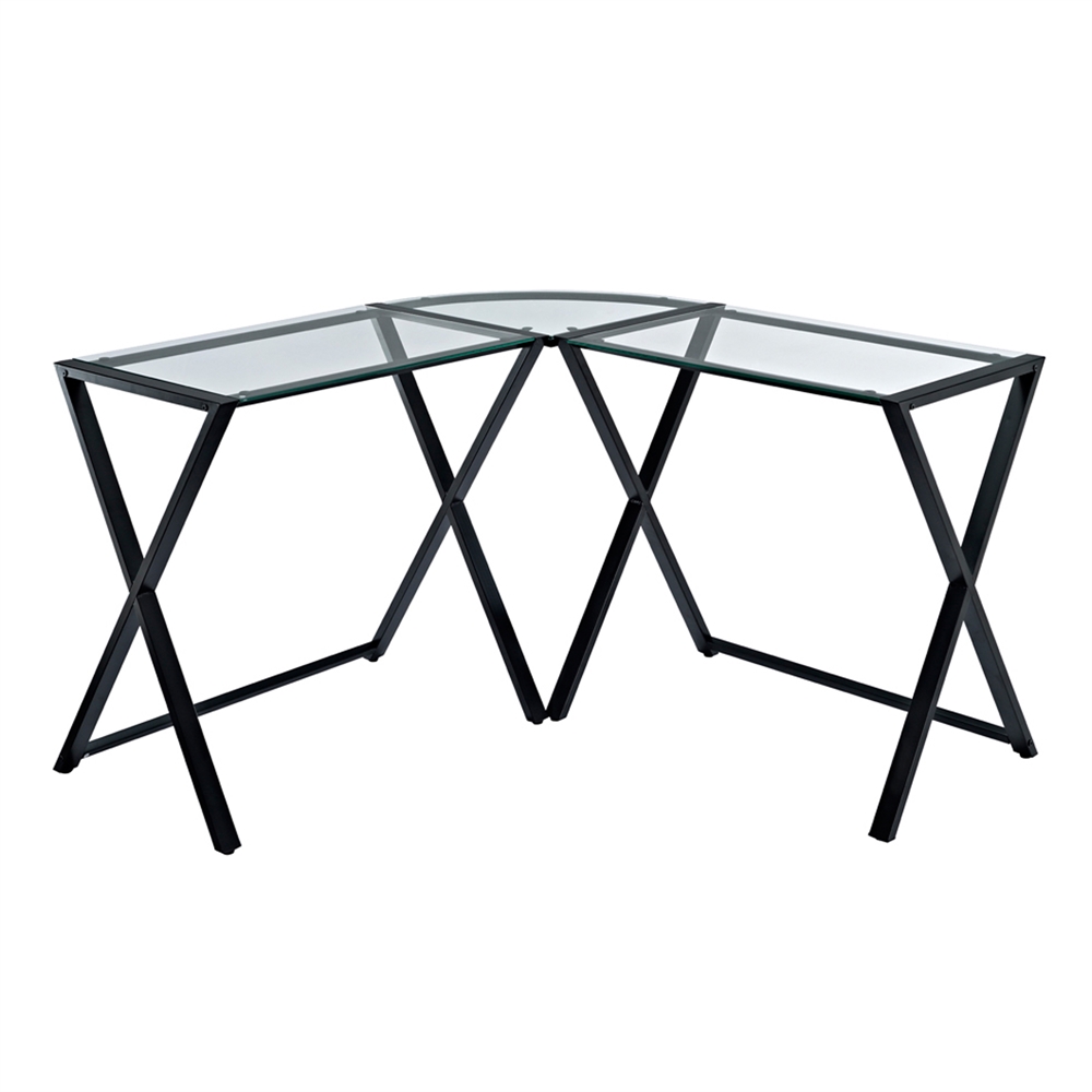X-frame Glass & Metal L-Shaped Computer Desk - Clear/Black. Picture 1