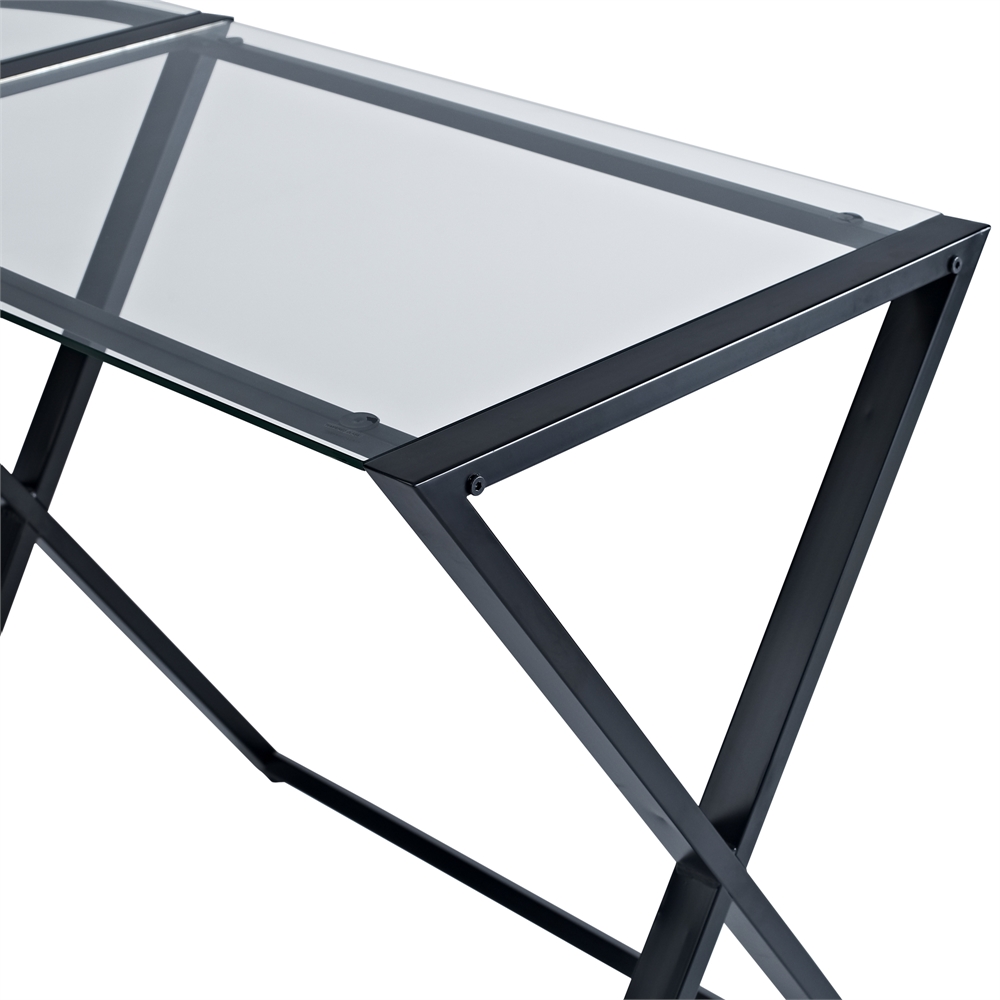 X-frame Glass & Metal L-Shaped Computer Desk - Clear/Black. Picture 2