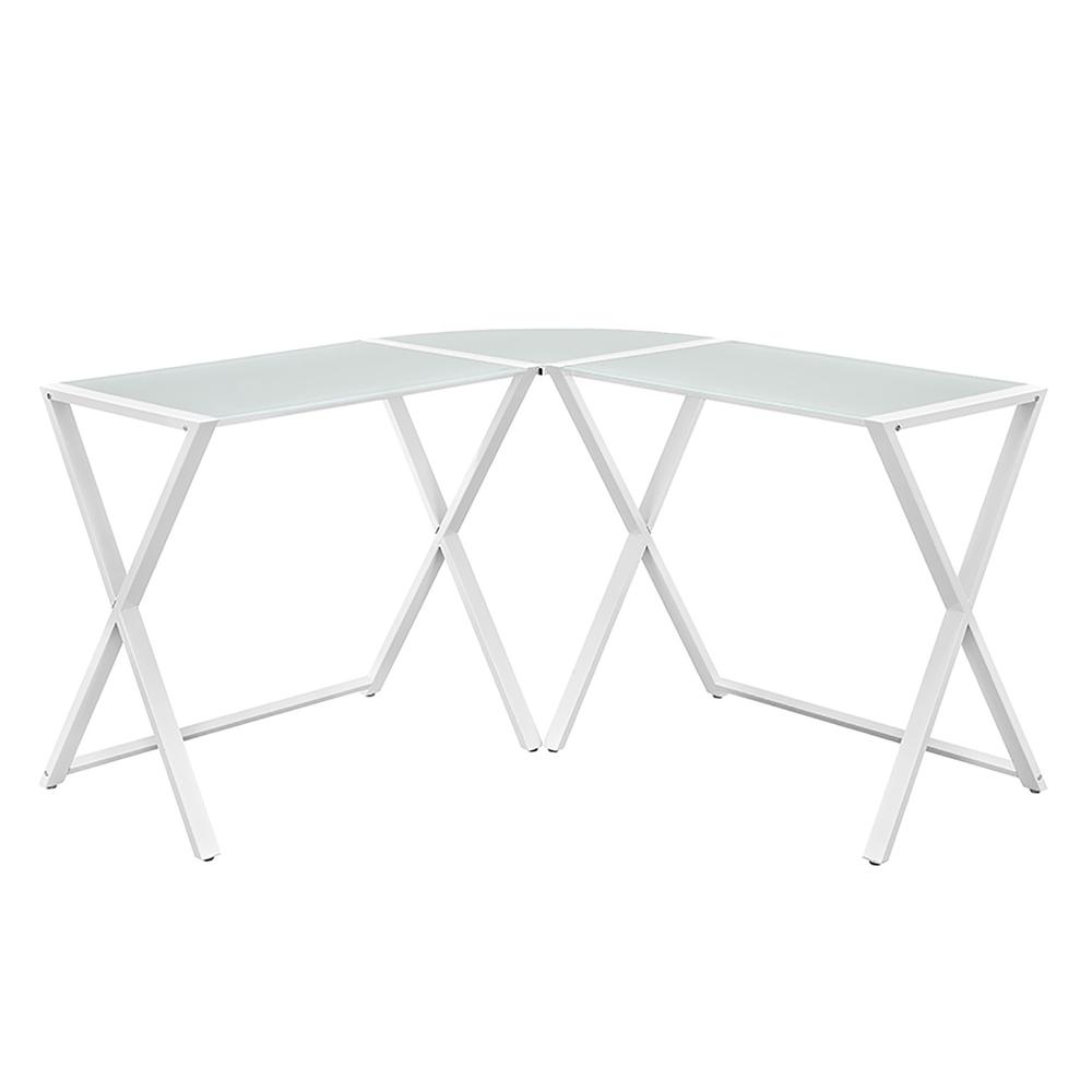 X-frame Glass & Metal L-Shaped Computer Desk - White/White. Picture 1