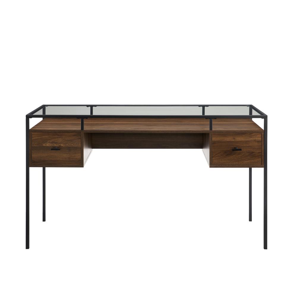56" 2 Drawer Glass Top Desk - Dark Walnut. Picture 1