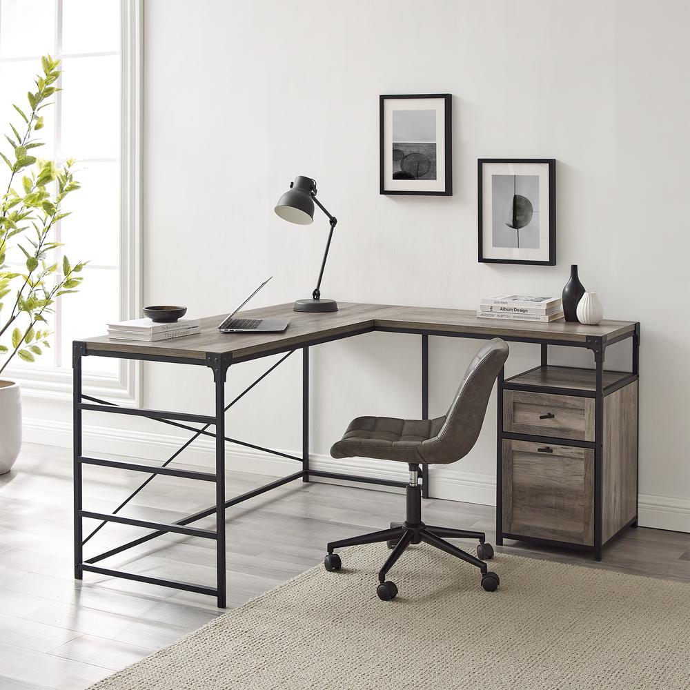 Angle Iron L-Shaped Computer Desk with Storage - Grey Wash. Picture 6