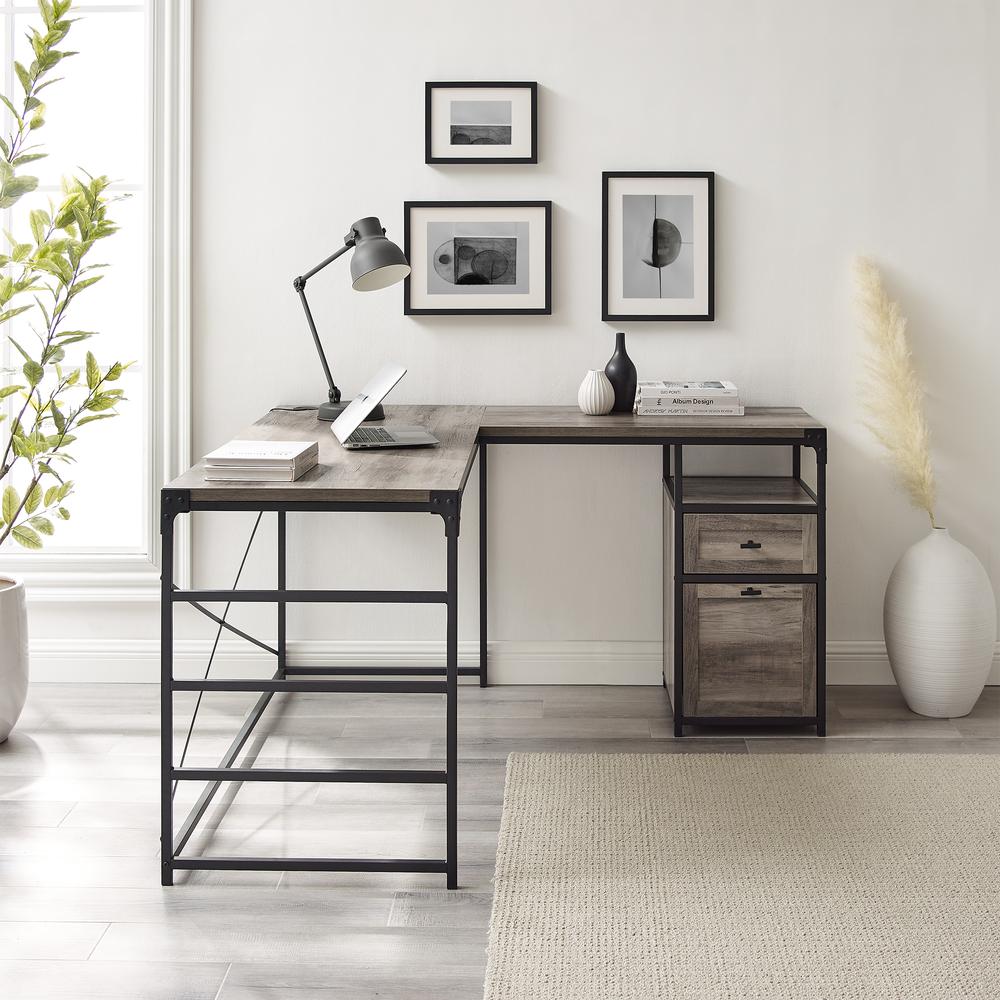 Angle Iron L-Shaped Computer Desk with Storage - Grey Wash. Picture 7
