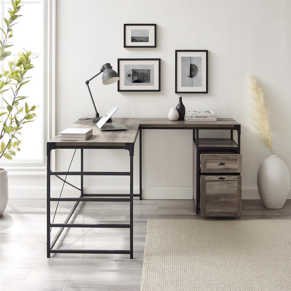 Angle Iron L-Shaped Computer Desk with Storage - Grey Wash. Picture 8