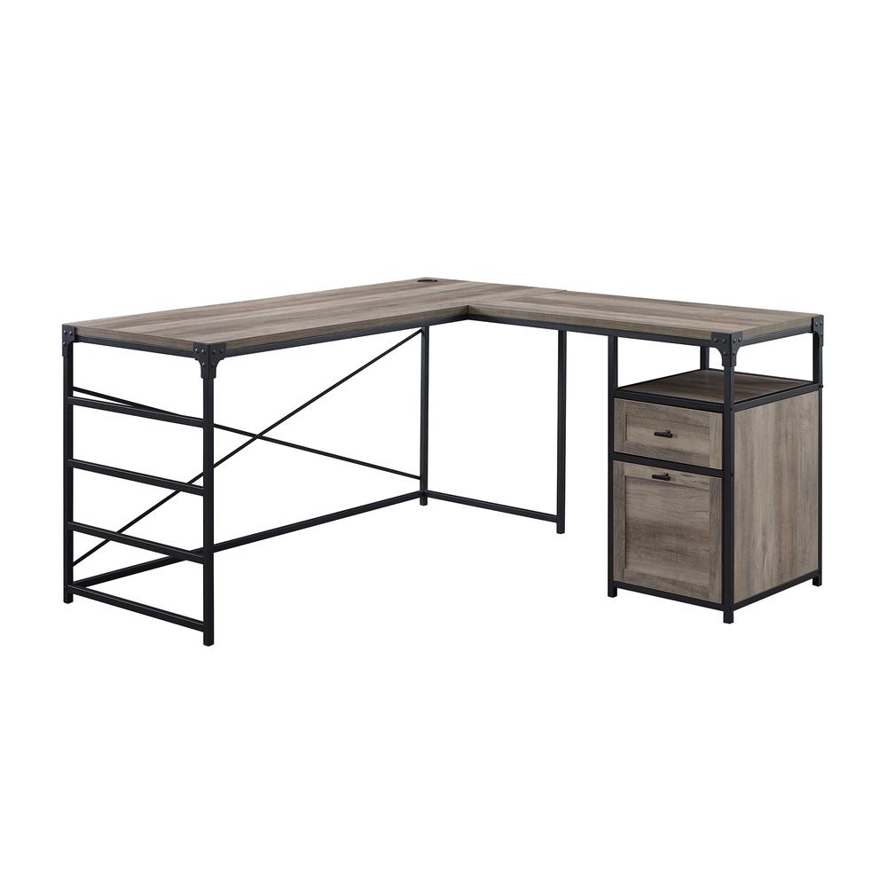 Angle Iron L-Shaped Computer Desk with Storage - Grey Wash. Picture 1