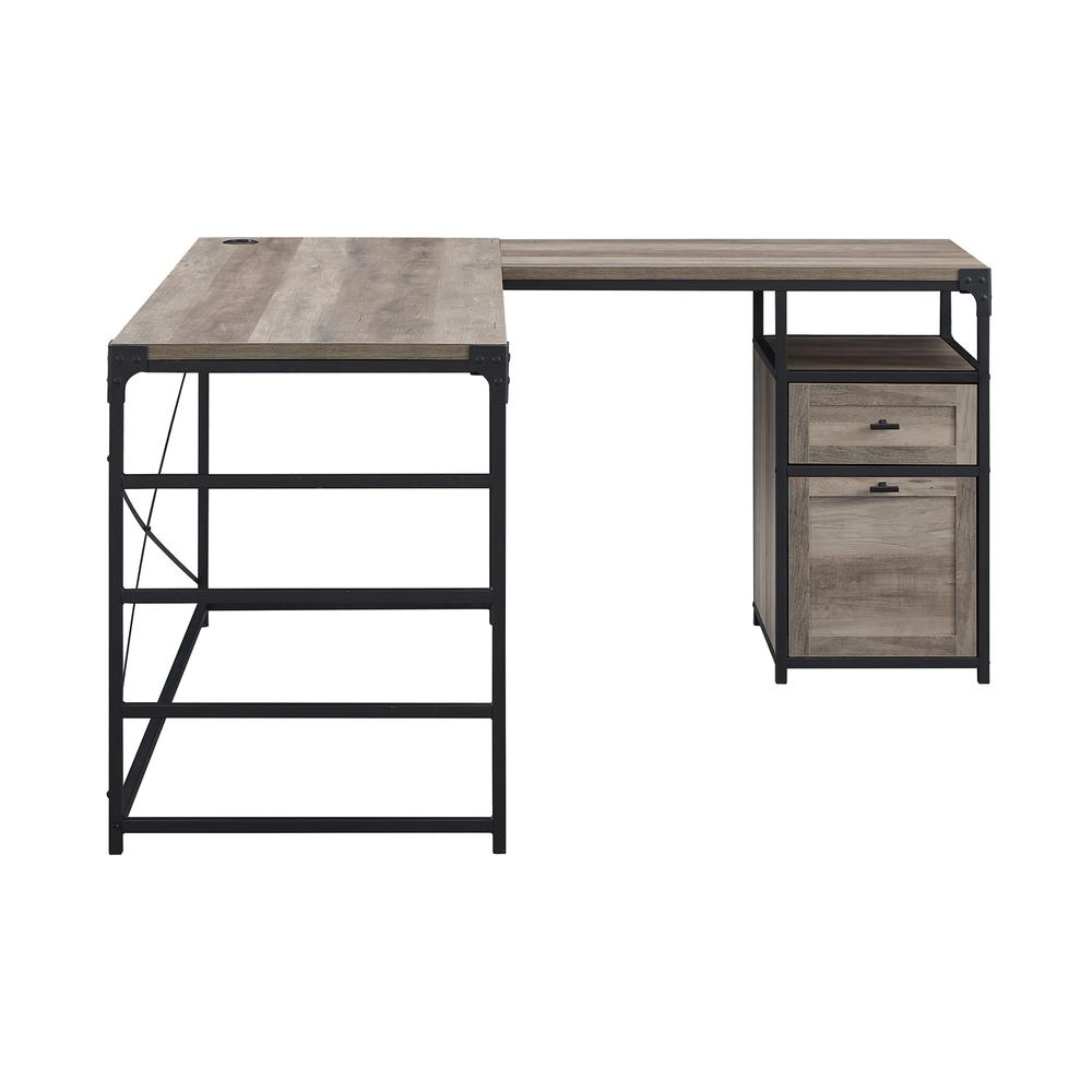 Angle Iron L-Shaped Computer Desk with Storage - Grey Wash. Picture 2