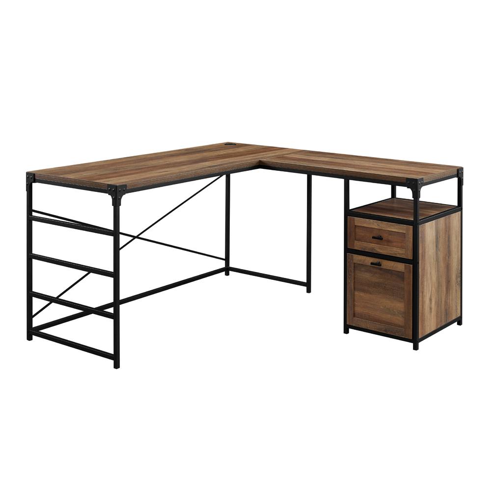 Angle Iron L-Shaped Computer Desk with Storage - Reclaimed Barnwood. Picture 7