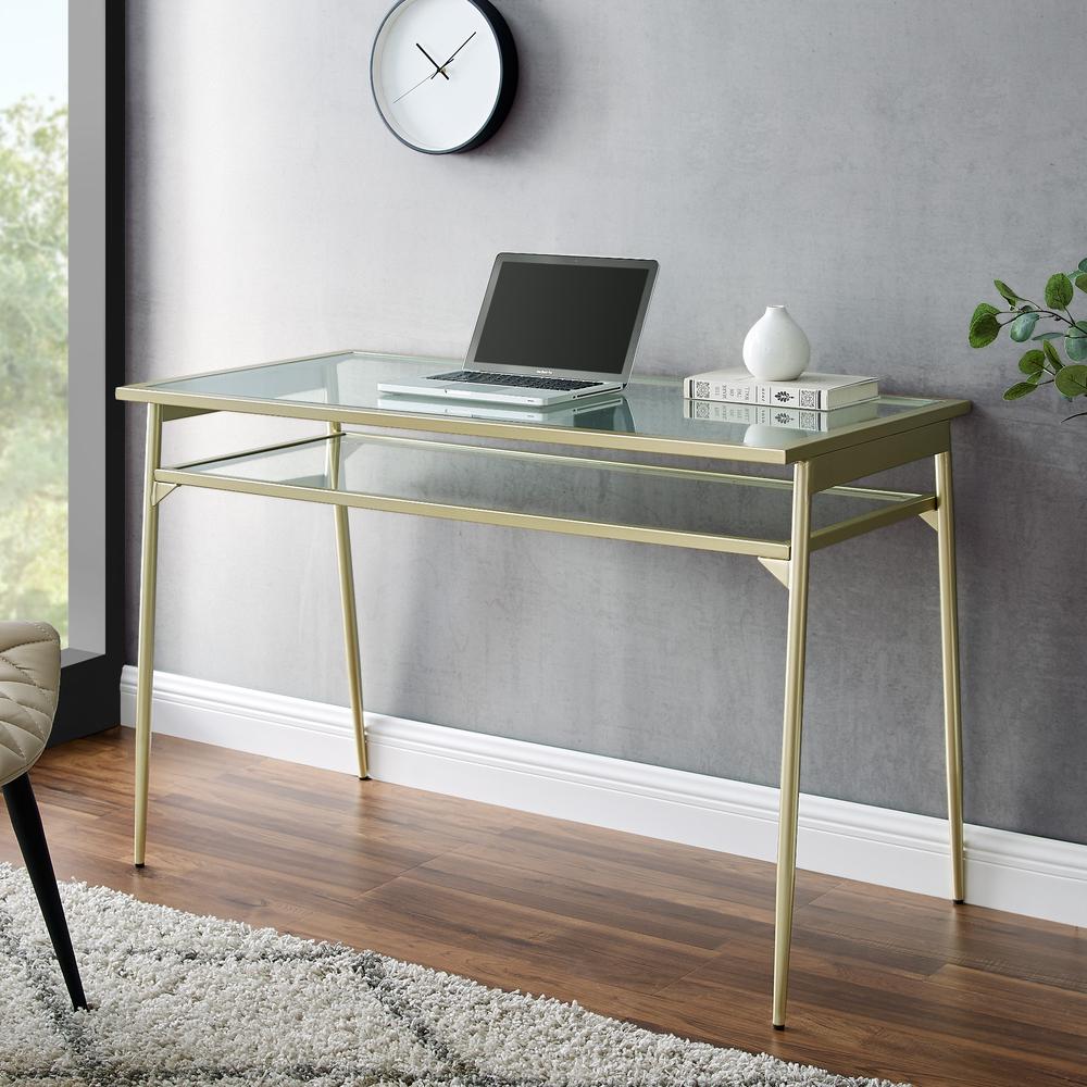 Rayna 48" Two Tier Glass and Metal Desk - Gold. Picture 7