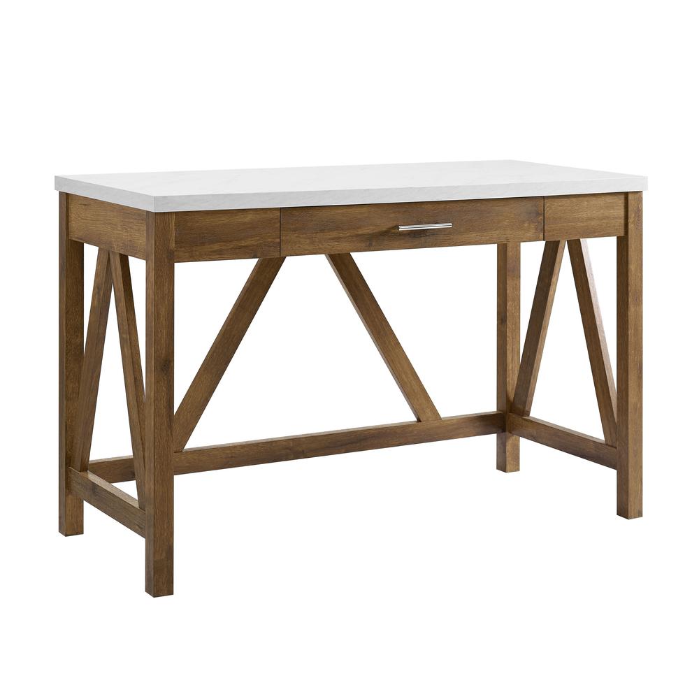 46" A-Frame Desk, Natural Walnut Base/White Marble Top. The main picture.