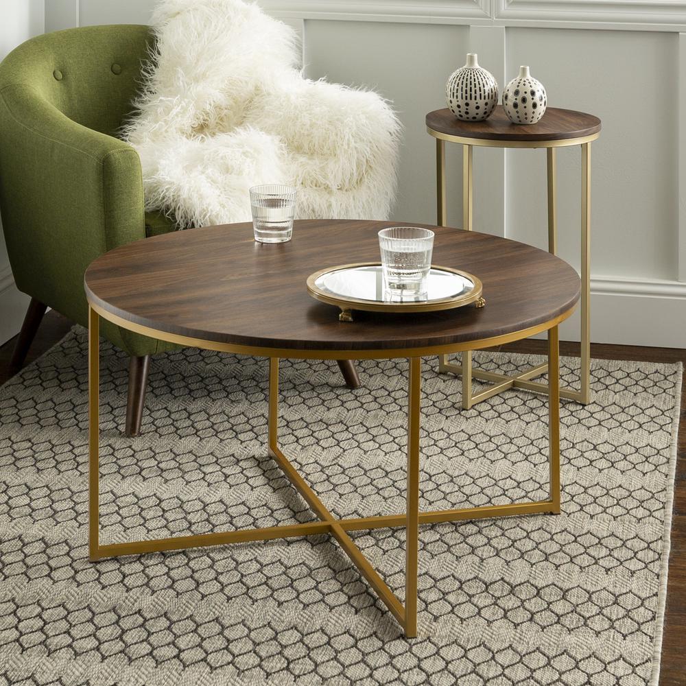 2-Piece Round Coffee Table Set - Dark Walnut / Gold. Picture 4