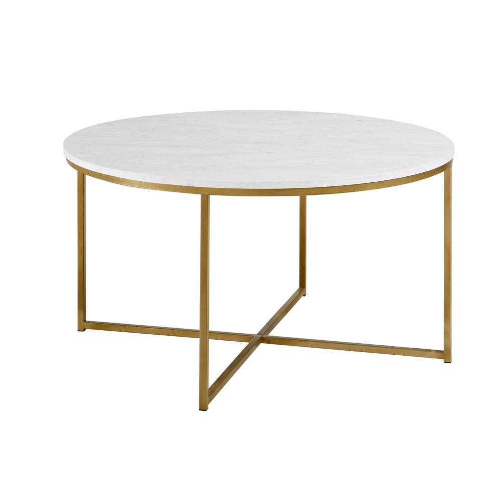 2-Piece Round Coffee Table Set - White Faux Marble / Gold. Picture 1