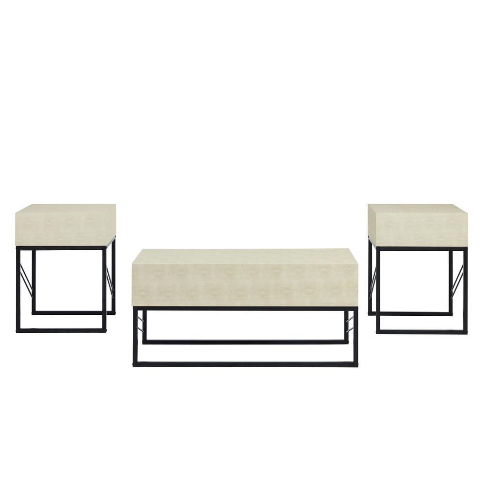 3 Piece Faux Shagreen Coffee Table and Side Tables - Off White. Picture 7