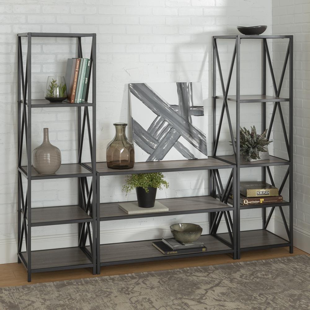 3-Piece Rustic Industrial Bookcase Set - Driftwood. Picture 3