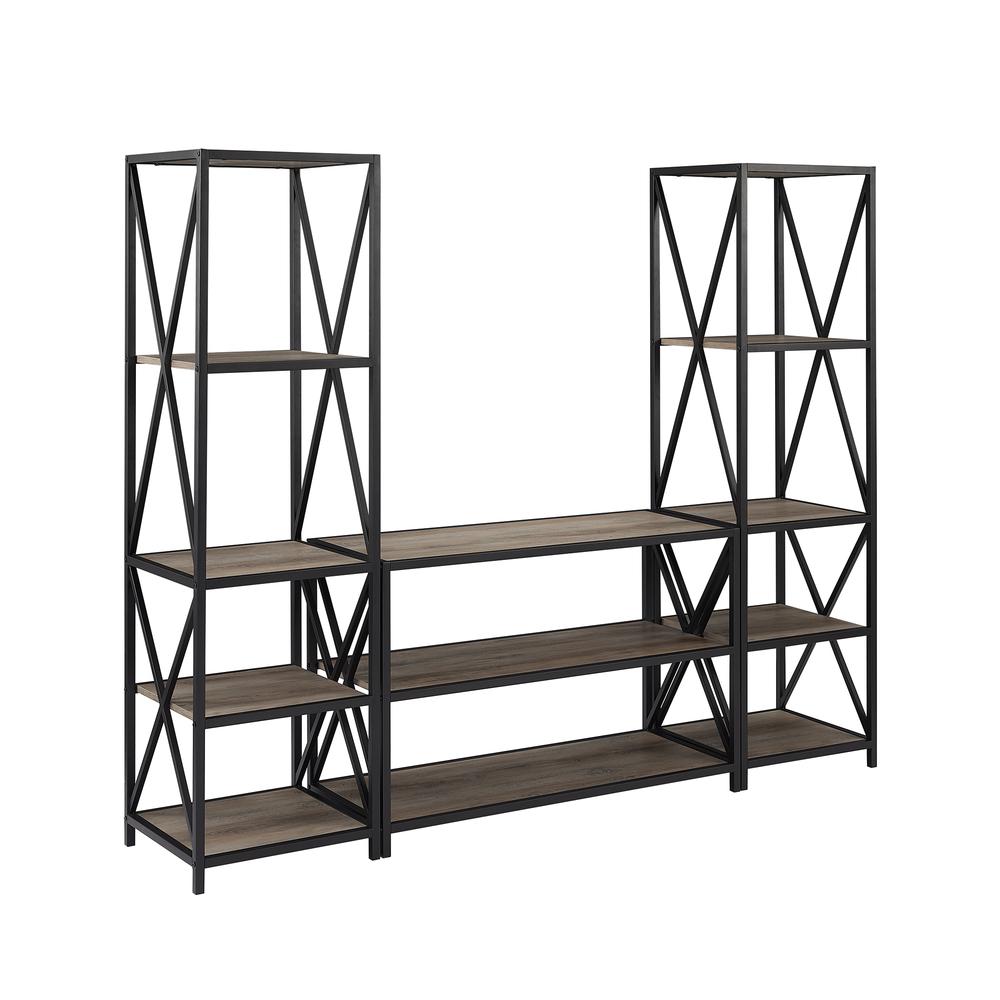 3-Piece Rustic Industrial Bookcase Set - Grey Wash. Picture 3