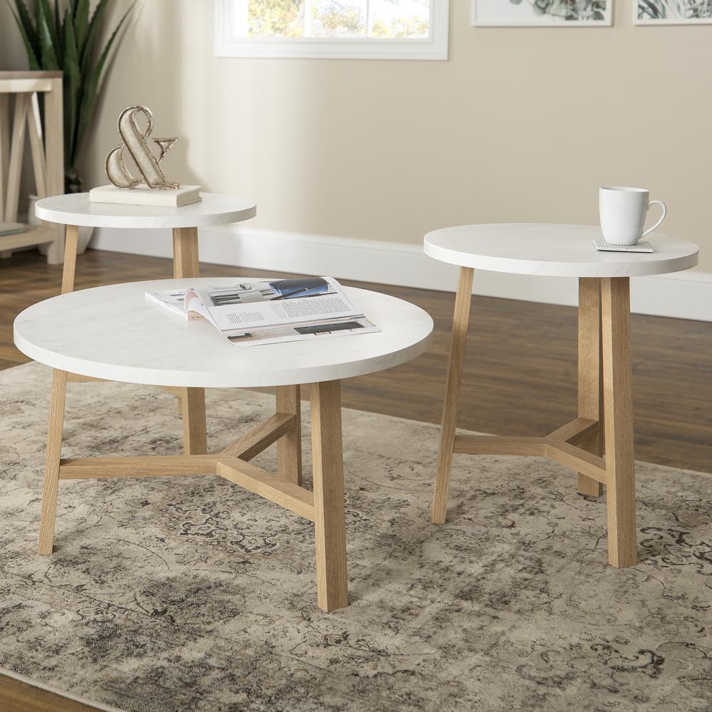 3-Piece Mid Century Modern Accent Table Set - Faux White Marble/Light Oak. Picture 3