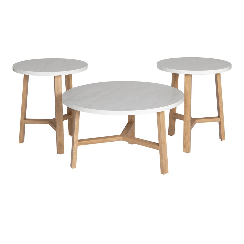 3-Piece Mid Century Modern Accent Table Set - Faux White Marble/Light Oak. Picture 4