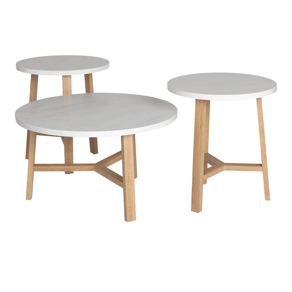 3-Piece Mid Century Modern Accent Table Set - Faux White Marble/Light Oak. Picture 1