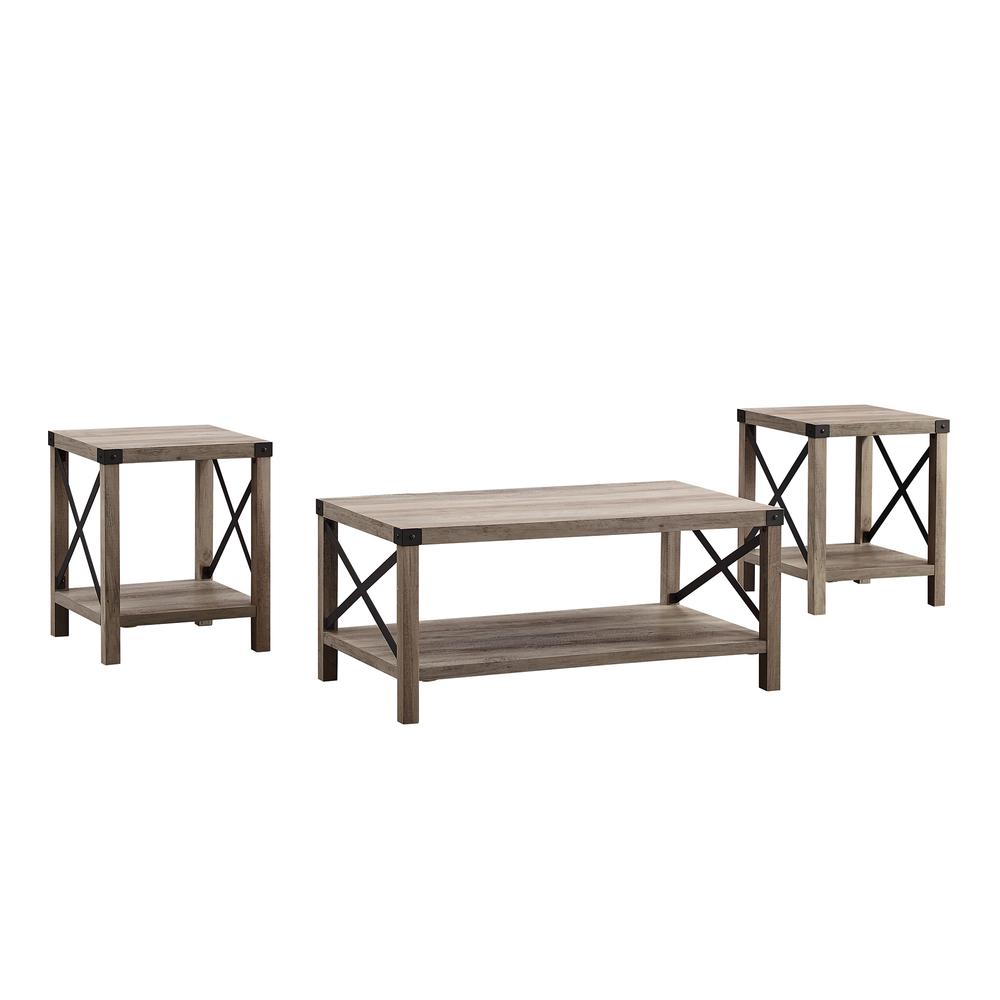 3-Piece Rustic Wood and Metal Accent Table Set - Grey Wash. Picture 3