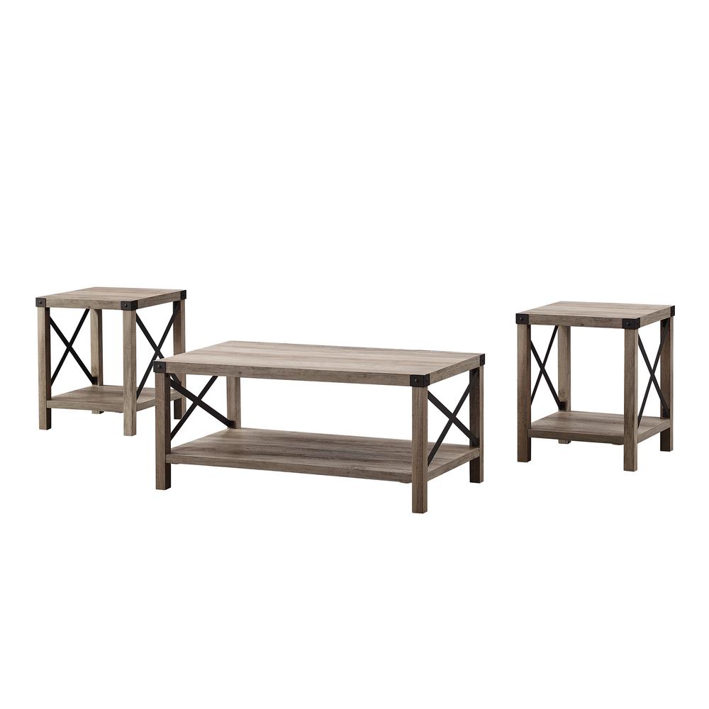 3-Piece Rustic Wood and Metal Accent Table Set - Grey Wash. Picture 4