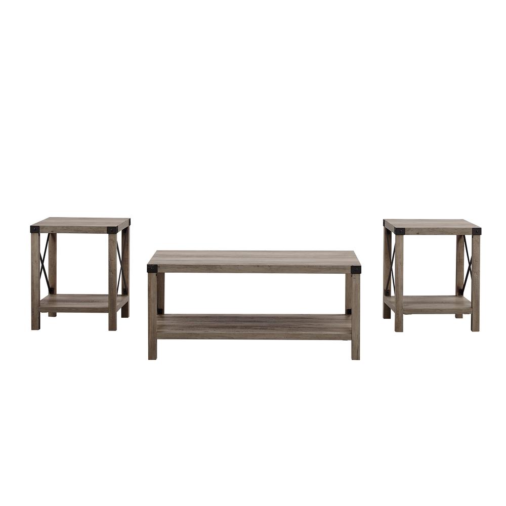 3-Piece Rustic Wood and Metal Accent Table Set - Grey Wash. Picture 5
