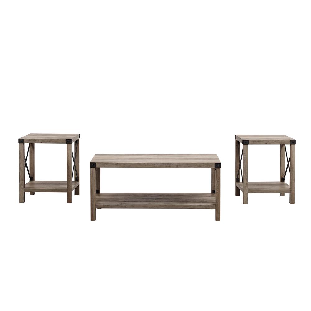 3-Piece Rustic Wood and Metal Accent Table Set - Grey Wash. Picture 6