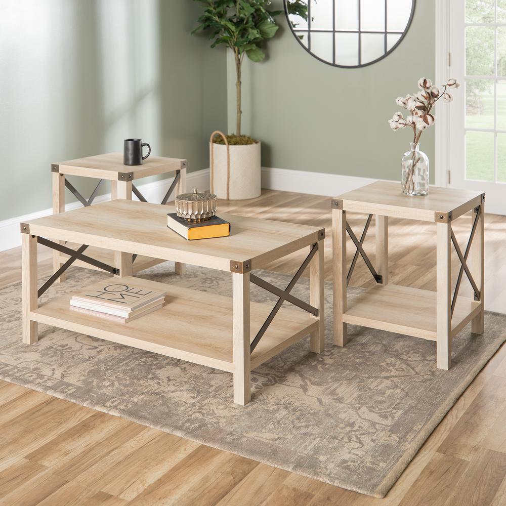 3-Piece Rustic Wood and Metal Accent Table Set - White Oak. Picture 2