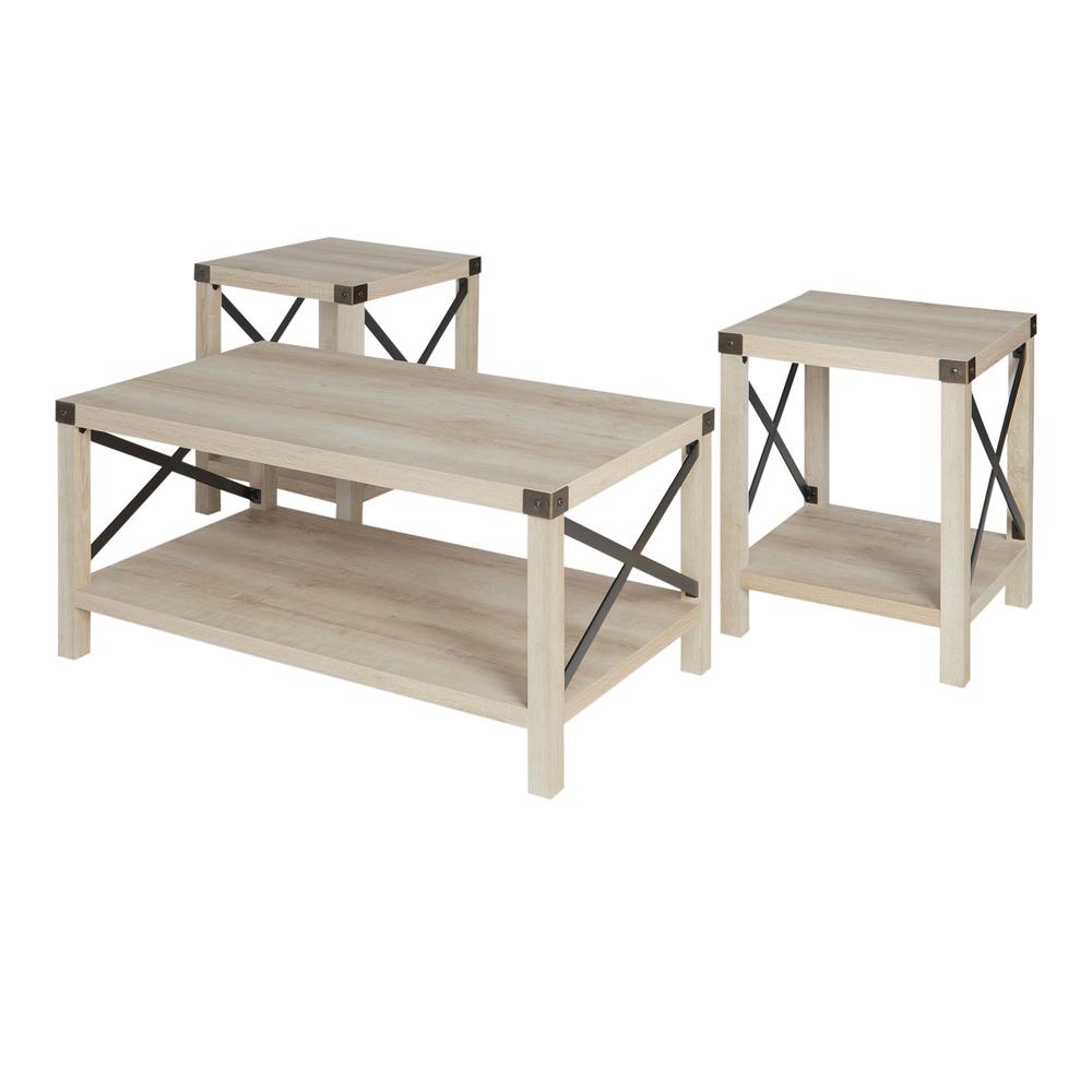 3-Piece Rustic Wood and Metal Accent Table Set - White Oak. Picture 3