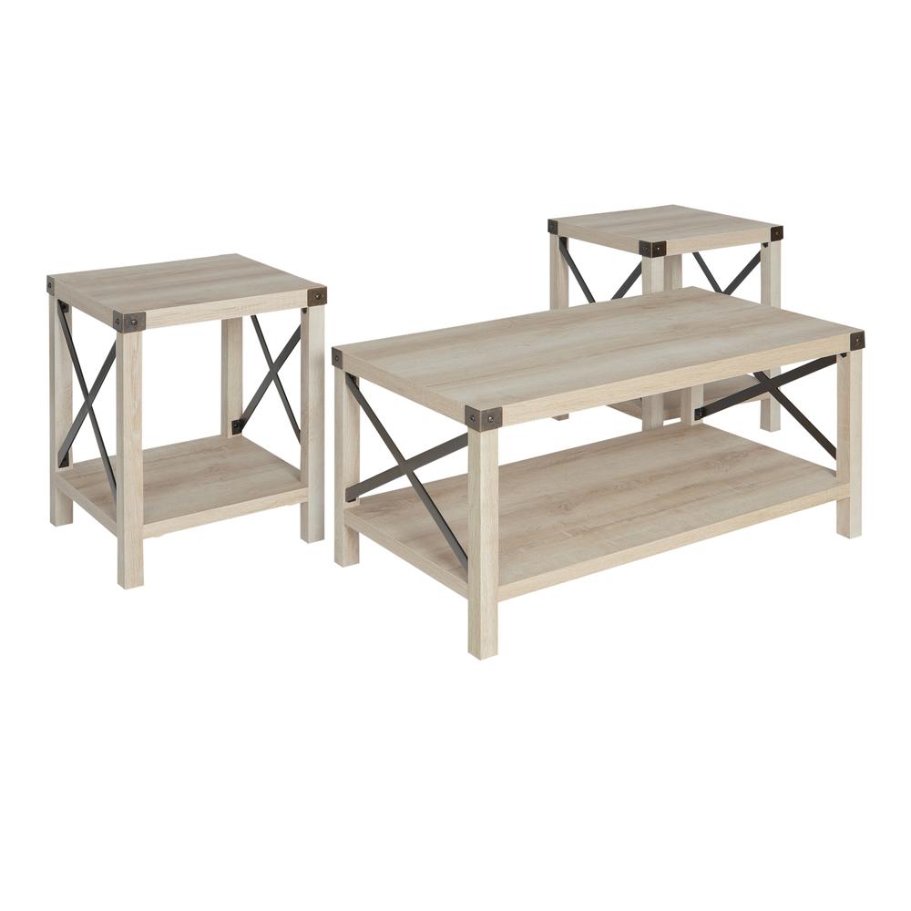 3-Piece Rustic Wood and Metal Accent Table Set - White Oak. Picture 5