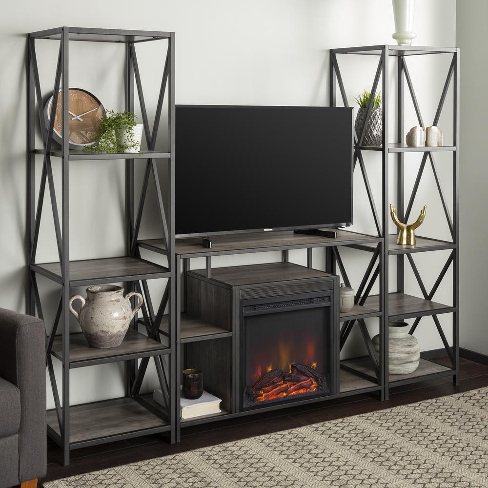 3-Piece Rustic Fireplace TV Stand Set - Grey Wash. Picture 2