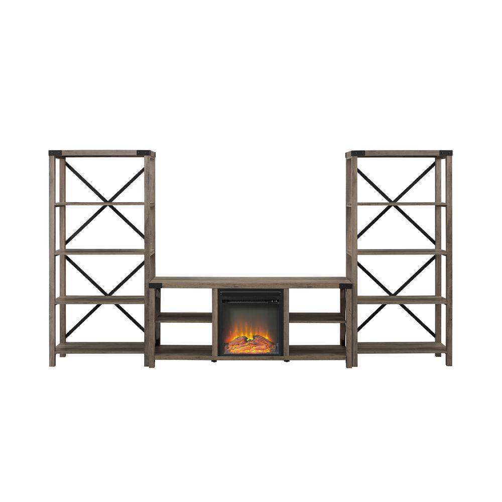 60" Farmhouse Metal X Fireplace Console - Grey Wash. Picture 2