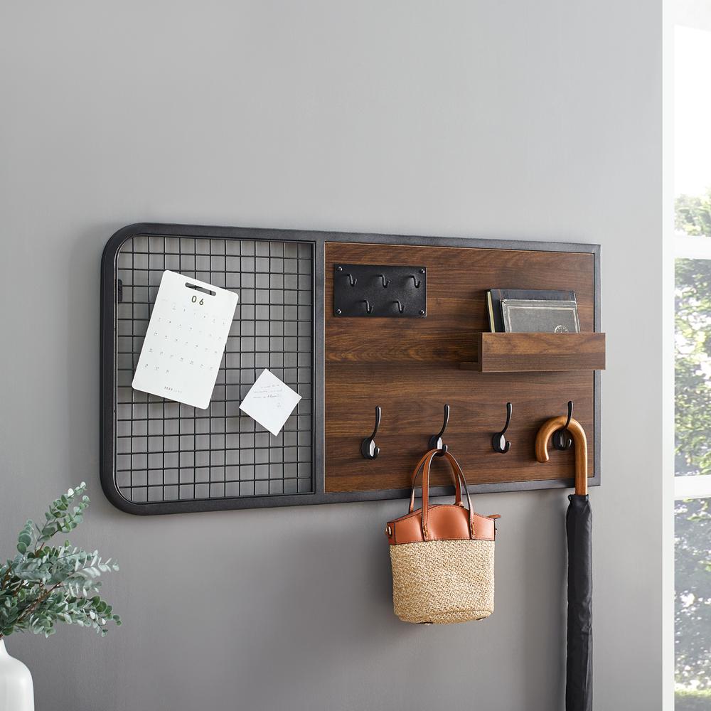 Lia 42" Metal and Wood Wall Organizer with Hooks - Dark Walnut. Picture 4