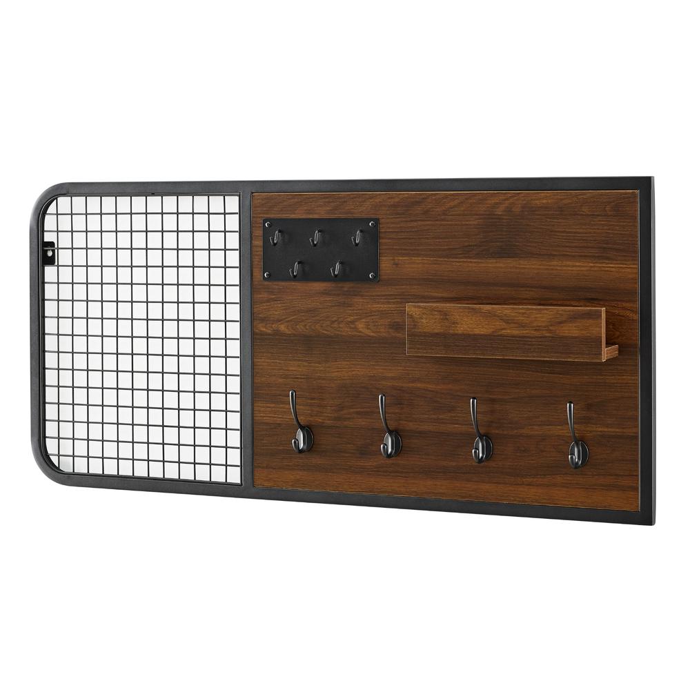 Lia 42" Metal and Wood Wall Organizer with Hooks - Dark Walnut. Picture 2