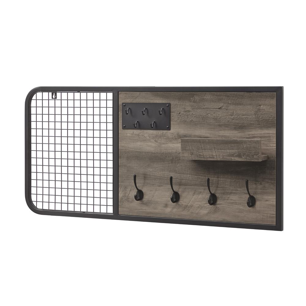 Lia 42" Metal and Wood Wall Organizer with Hooks - Grey Wash. Picture 2