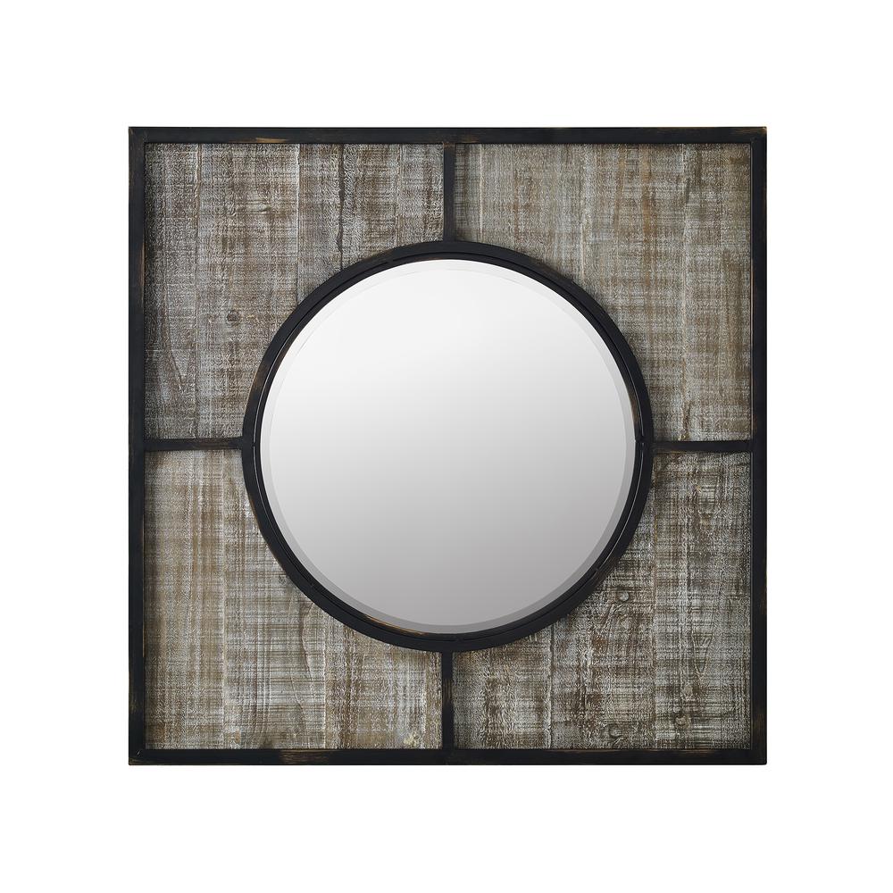 32” Farmhouse Square Metal and Wood Wall Mirror. Picture 1
