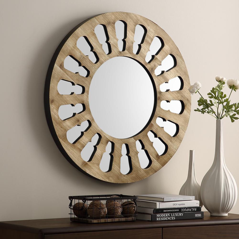 32" Rustic Farmhouse Round Wood Cut-Out Wall Mirror – Natural Wash. Picture 2