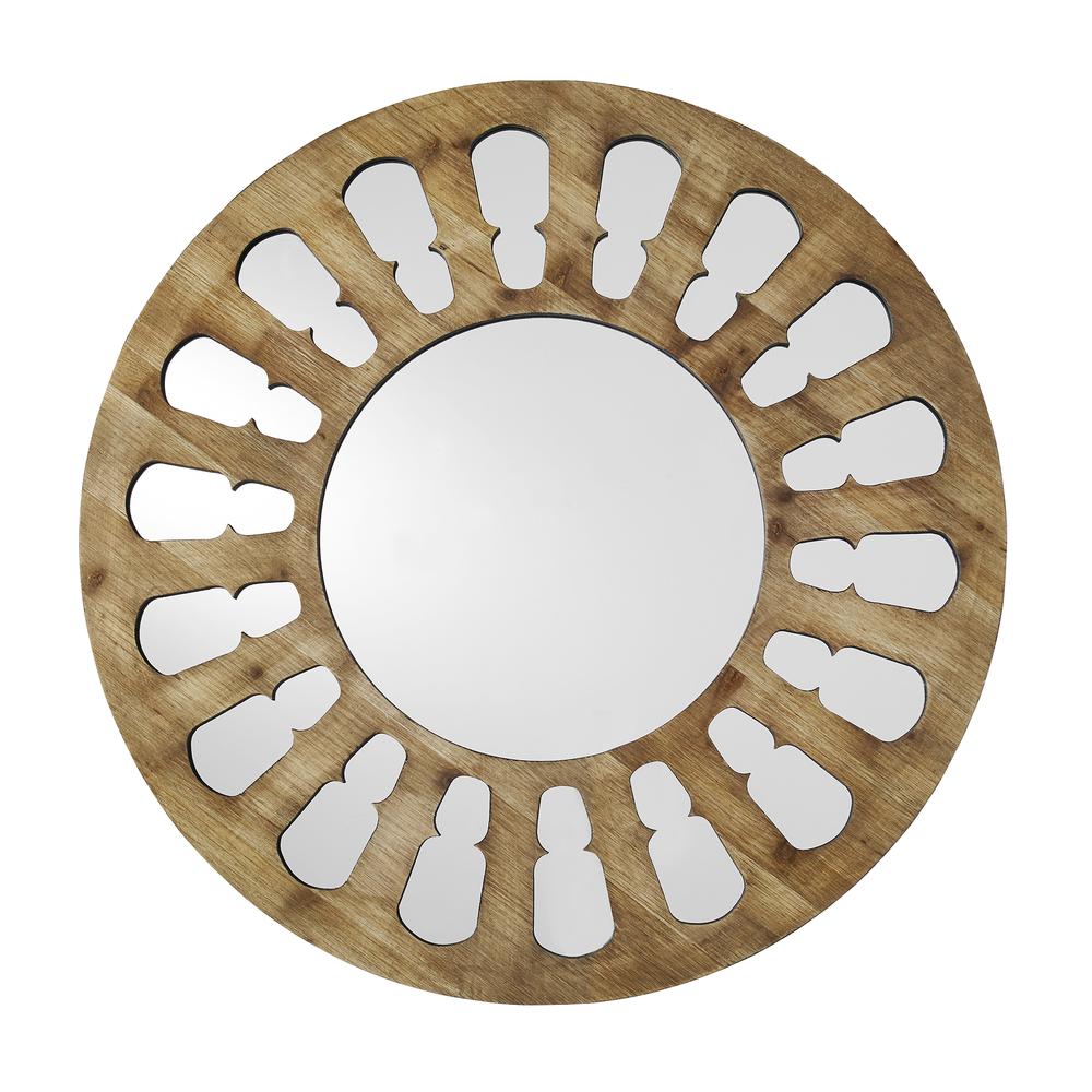 32" Rustic Farmhouse Round Wood Cut-Out Wall Mirror – Natural Wash. Picture 1