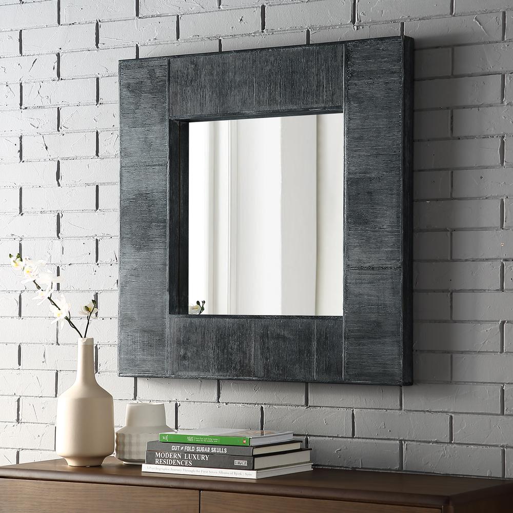 32" Urban Industrial Square Textured Wood Wall Mirror. Picture 2