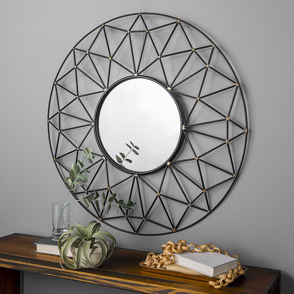 35" Round Geometric Frame Mirror with Gold Accents. Picture 2