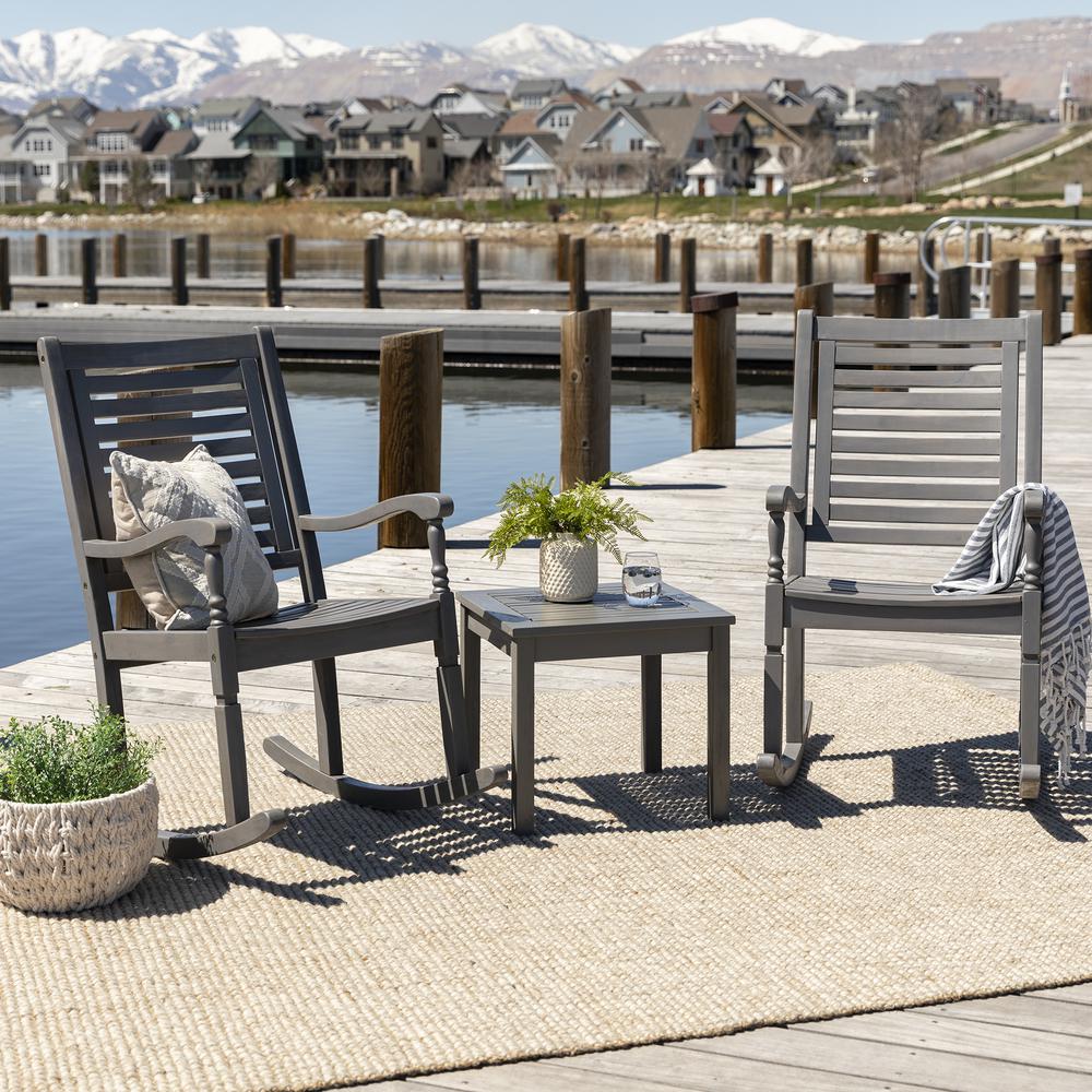 3-Piece Traditional Rocking Chair Outdoor Chat Set with Slatted Square Side Table - Grey Wash. Picture 6
