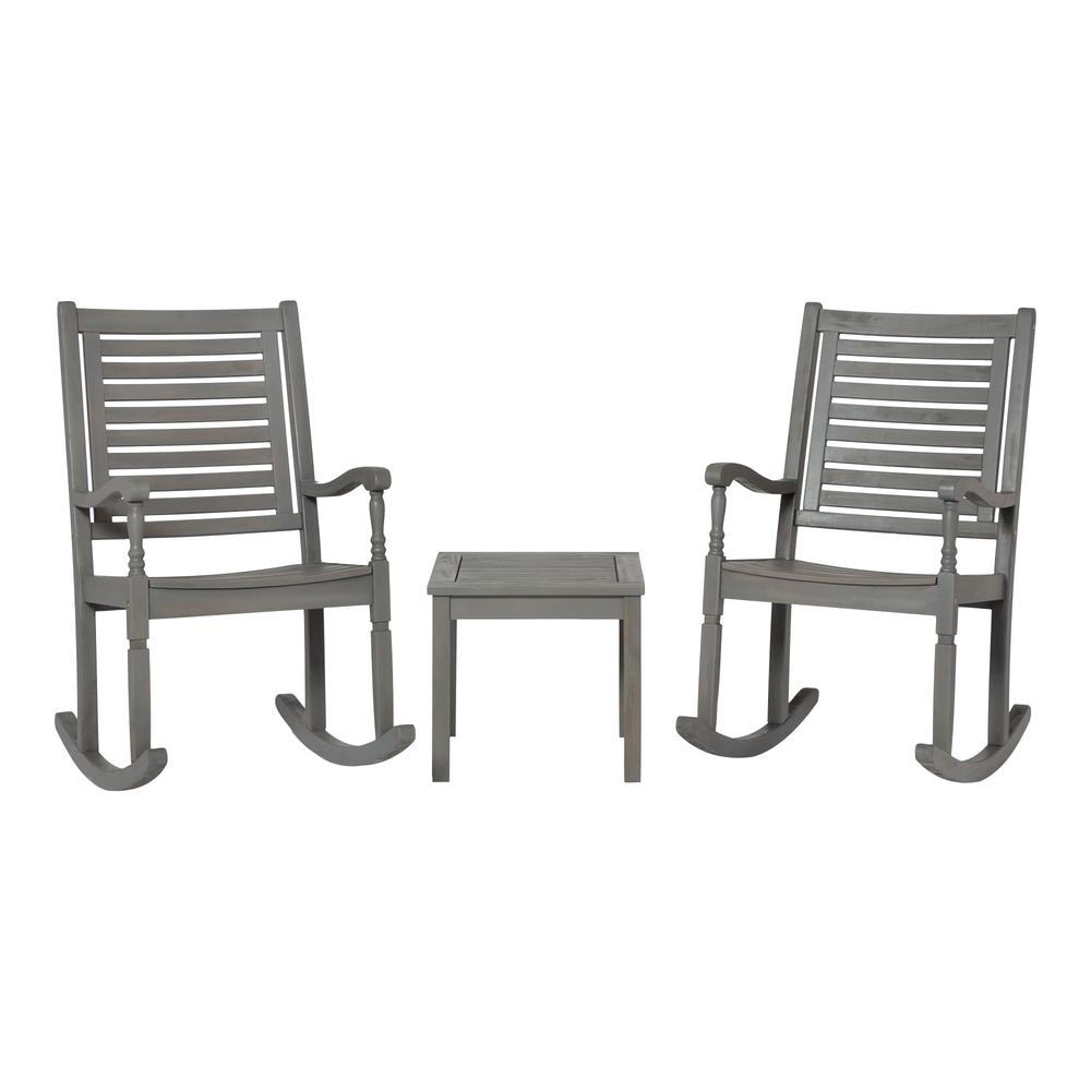 3-Piece Traditional Rocking Chair Outdoor Chat Set with Slatted Square Side Table - Grey Wash. Picture 3