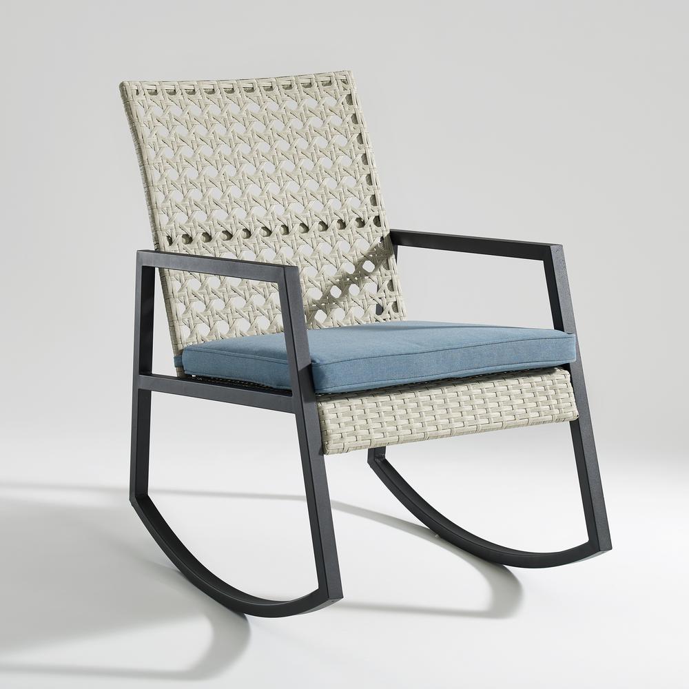 Modern Patio Rattan Rocking Chair - Light Grey/Blue. Picture 2
