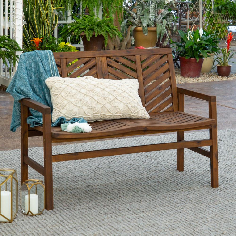 48" Solid Acacia Wood Chevron Outdoor Loveseat Bench - Dark Brown. Picture 2