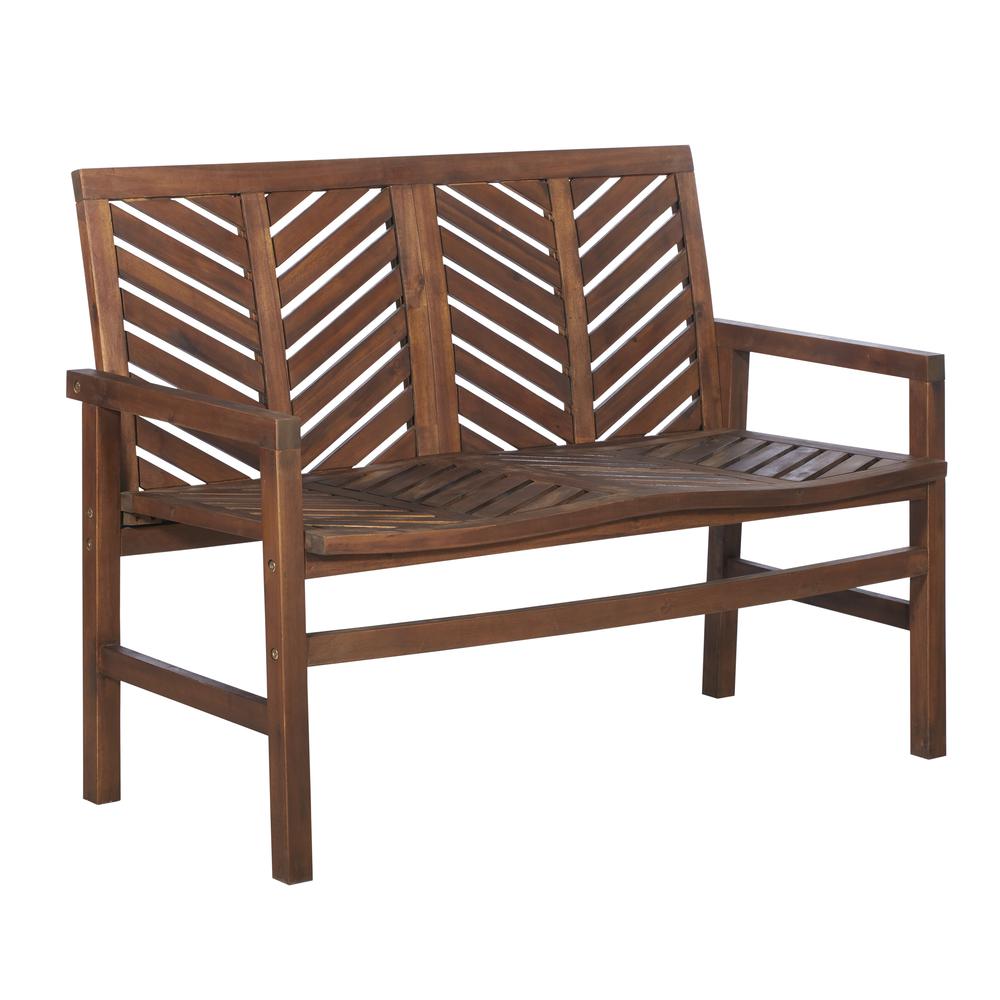 48" Solid Acacia Wood Chevron Outdoor Loveseat Bench - Dark Brown. Picture 1