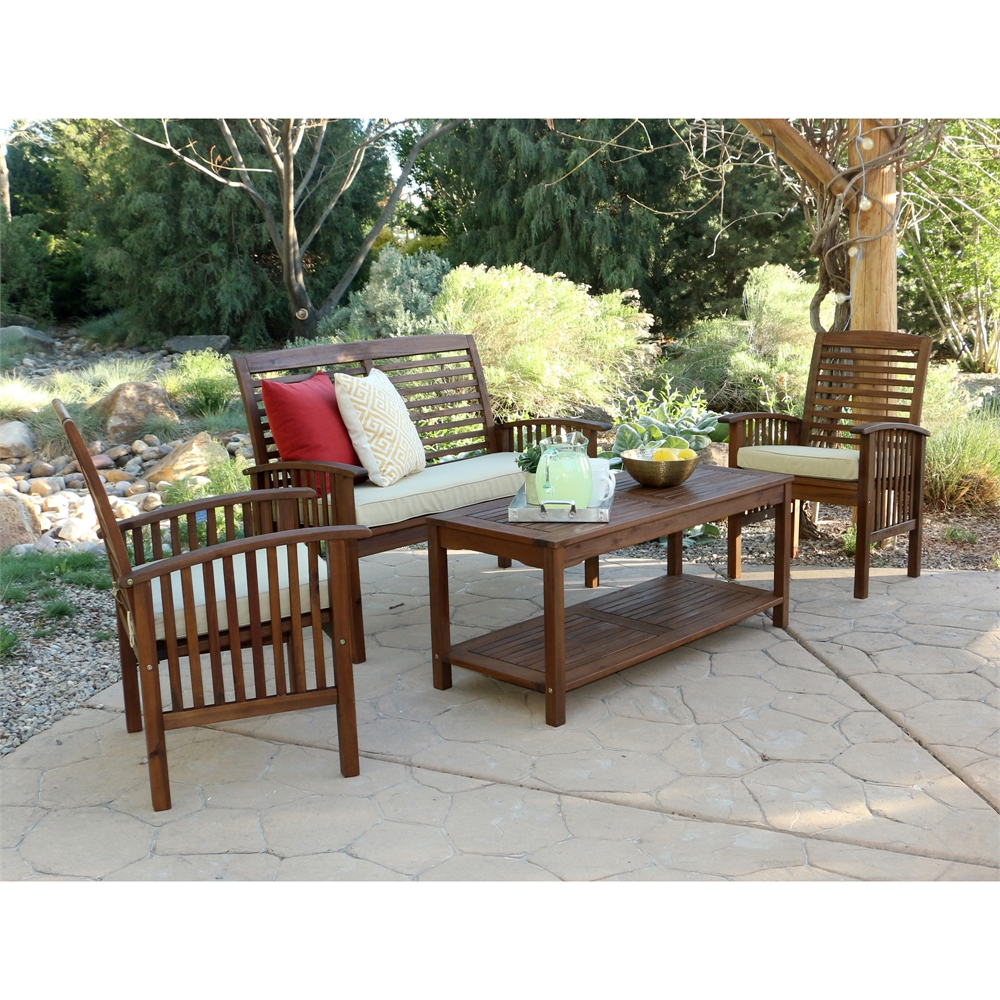 4-Piece Dark Brown Acacia Patio Conversation Set with Cushions. Picture 3