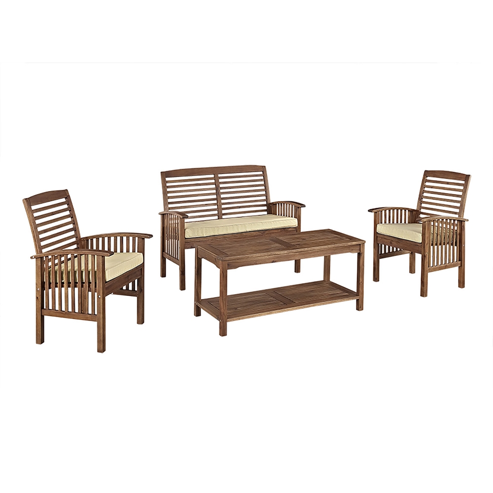 4-Piece Dark Brown Acacia Patio Conversation Set with Cushions. Picture 1