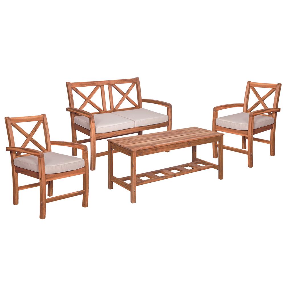 4-Piece X-Back Acacia Patio Conversation Set with Cushions. Picture 1